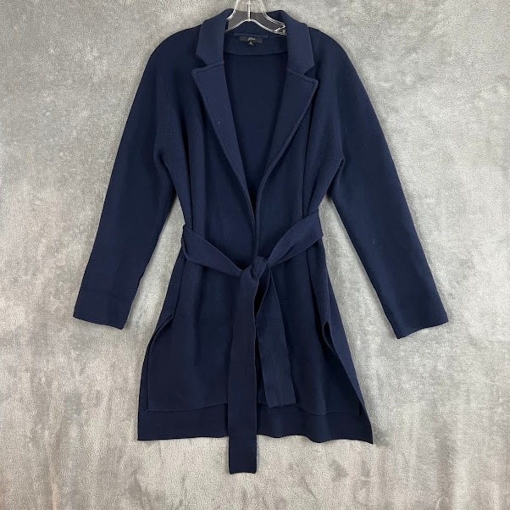 J Crew Belted Sweater Coat Womens M Merino Wool Navy Blue Career Minimalist